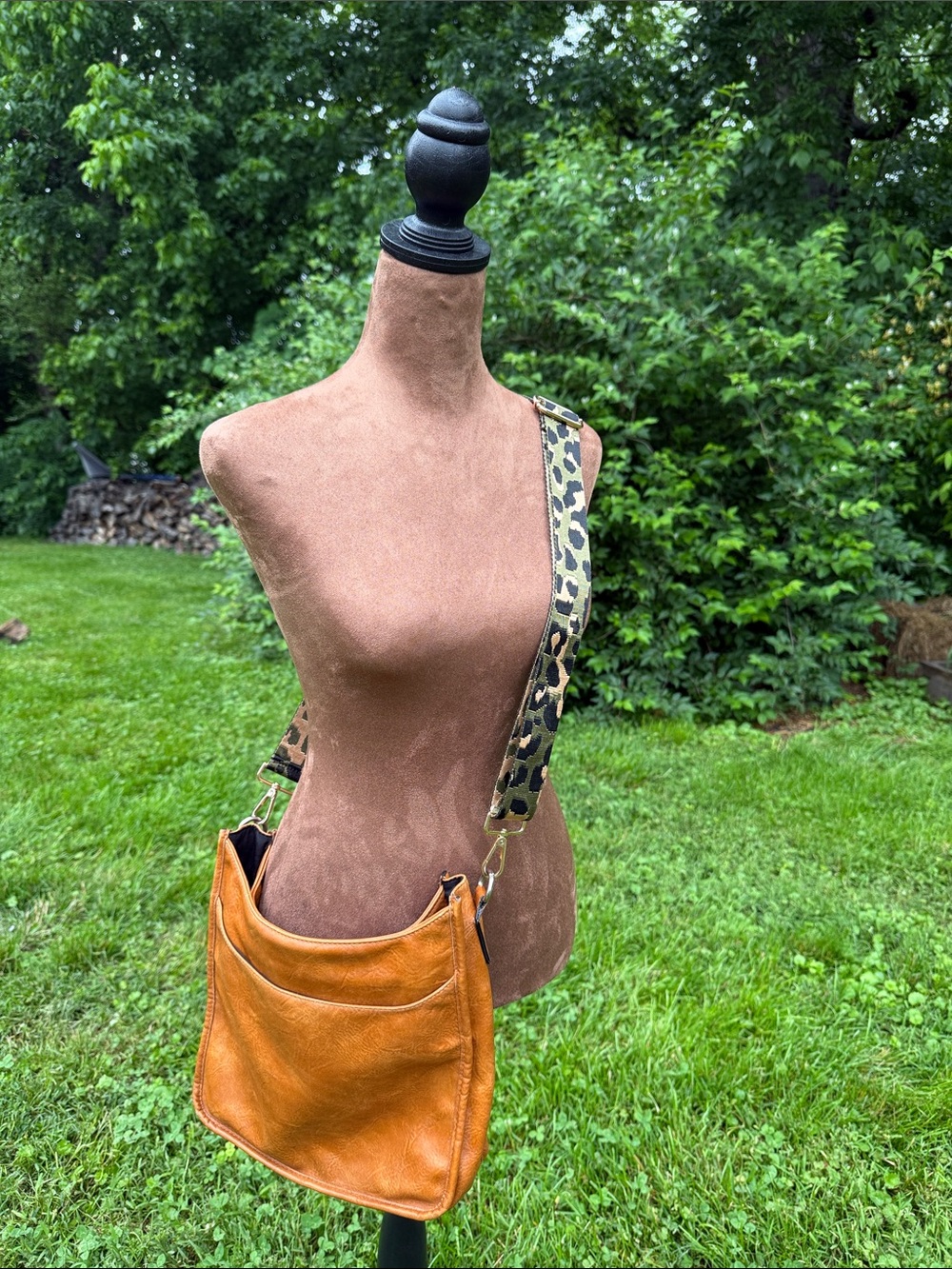 Crossbody Bag with Leopard-Print Strap - Tan